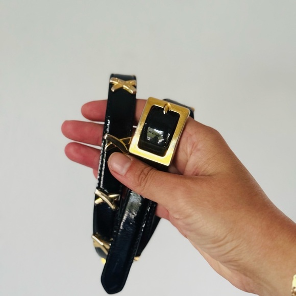 Vintage Paloma Picasso Signature Black Patent Leather Belt with X Gold Accents - Picture 2 of 9